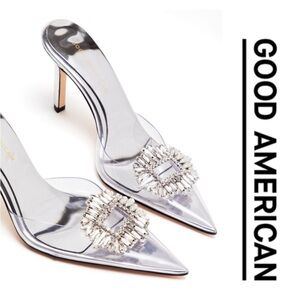 Good American Cinderella Clear and Silver Mules with Crystal Buckle